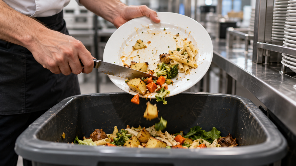 Bild zeigen Lebensmittelabfälle (Food Waste) in einem Restaurant? Es wird mit einem Messer von einem Teller Speisereste und Lebensmittelabfälle heruntergewischt. Das Bild ist KI-generiert. 